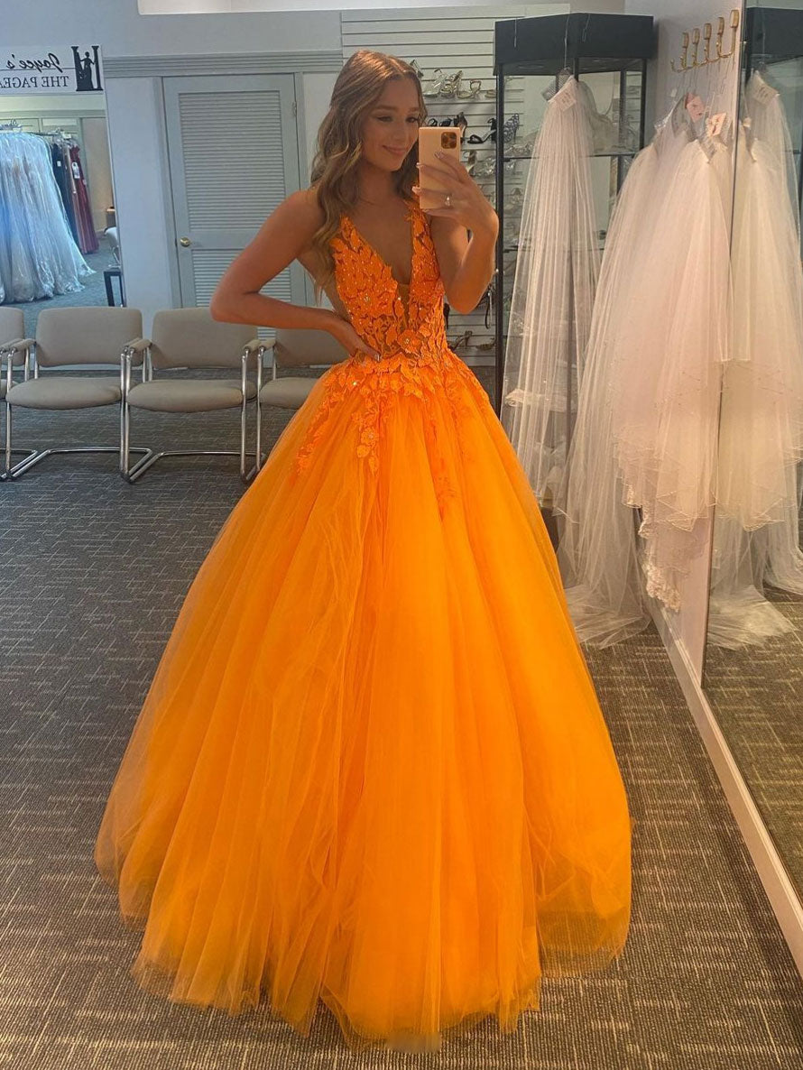 Orange v neck tulle lace long prom ...